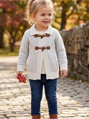 Hope & Henry Girls' Sweater Coat with Toggles Gray Herringbone Size 18-24 Month‎